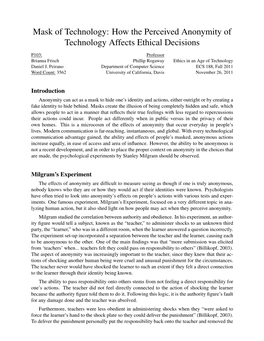 How the Perceived Anonymity of Technology Affects Ethical Decisions