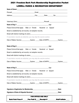 2021 Freedom Bark Park Membership Registration Packet