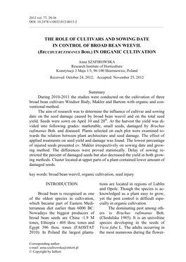 The Role of Cultivars and Sowing Date in Control of Broad Bean Weevil (Bruchus Rufimanus Boh.) in Organic Cultivation