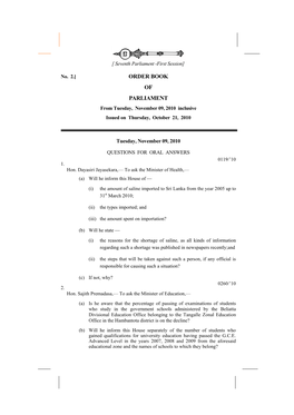 ORDER BOOK of PARLIAMENT from Tuesday, November 09, 2010 Inclusive Issued on Thursday, October 21, 2010