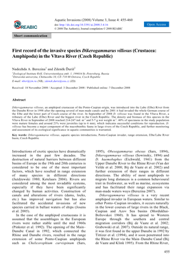 First Record of the Invasive Species Dikerogammarus Villosus (Crustacea: Amphipoda) in the Vltava River (Czech Republic)