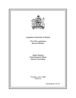 Legislative Assembly of Alberta the 27Th Legislature Second Session