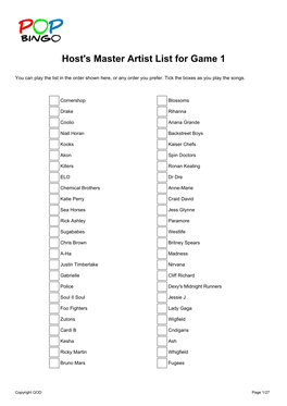 Host's Master Artist List for Game 1