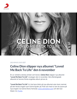 Celine Dion Släpper Nya Albumet ”Loved Me Back to Life” Den 6 November