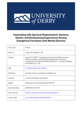 Contending with Spiritual Reductionism: Demons, Shame, and Dividualising Experiences Among Evangelical Christians with Mental Distress
