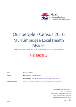 Our People - Census 2016 Murrumbidgee Local Health District Community Profile from the 2016 Australian Bureau of Statistics Census Release 2