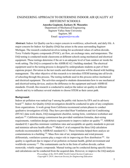 ENGINEERING APPROACH to DETERMINE INDOOR AIR QUALITY at DIFFERENT SCHOOLS Aneesha Gogineni, Zackary H