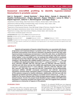 Exosomal Microrna Profiling to Identify Hypoxia-Related Biomarkers in Prostate Cancer