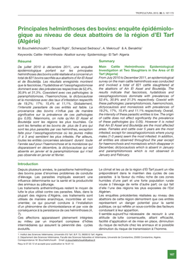 Principales Helminthoses Des Bovins: Enquête Épidémiolo- Gique Au Niveau De Deux Abattoirs De La Région D'el Tarf (Algéri