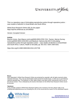 Articulating Reproductive Justice Through Reparative Justice: : Case Studies of Abortion in Great Britain and South Africa