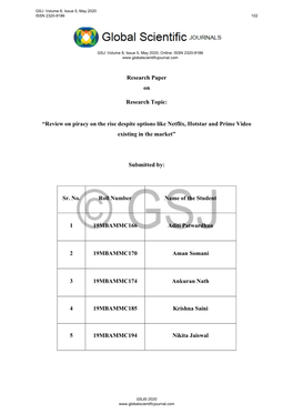 Research Paper on Research Topic: “Review on Piracy on the Rise Despite Options Like Netflix, Hotstar and Prime Video Existing