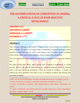 The Manifestations of Corruption in Nigeria: a Critical X Ray of Some Selective Development