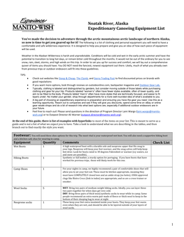 Noatak River, Alaska Expeditionary Canoeing Equipment List