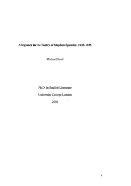 Allegiance in the Poetry of Stephen Spender, 1928-1935