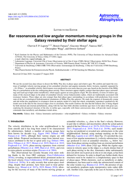 Bar Resonances and Low Angular Momentum Moving Groups in the Galaxy Revealed by Their Stellar Ages Chervin F