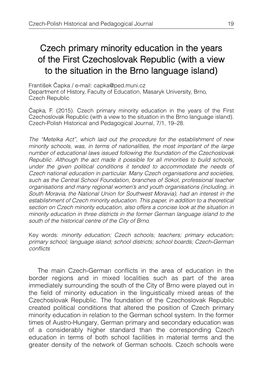 Czech Primary Minority Education in the Years of the First Czechoslovak Republic (With a View to the Situation in the Brno Language Island)