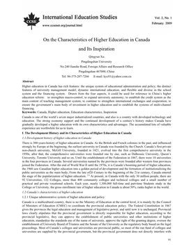 On the Characteristics of Higher Education in Canada and Its Inspiration