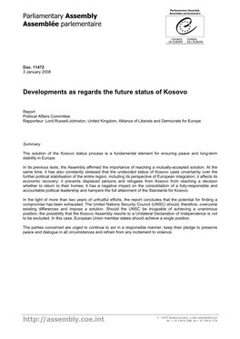 Developments As Regards the Future Status of Kosovo