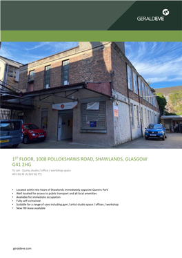 1ST FLOOR, 1008 POLLOKSHAWS ROAD, SHAWLANDS, GLASGOW G41 2HG to Let - Quirky Studio / Office / Workshop Space 401 SQ M (4,316 SQ FT)