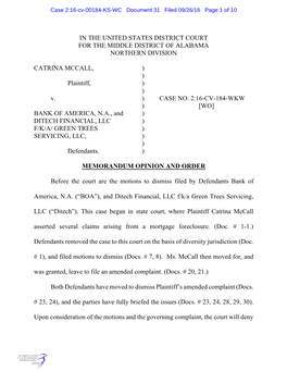 IN the UNITED STATES DISTRICT COURT for the MIDDLE DISTRICT of ALABAMA NORTHERN DIVISION CATRINA MCCALL, Plaintiff, V. BANK of A