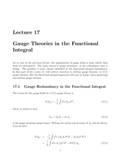 Lecture 17 Gauge Theories in the Functional Integral