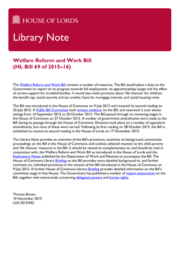 Welfare Reform and Work Bill (House of Lords Library Note)