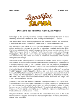PRESS RELEASE 30 March 2020 SAMOA SET to HOST the NEXT