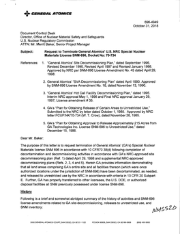 Request to Terminate General Atomics' U.S. NRC Special Nuclear Materials License SNM-696, Docket No: 70-734