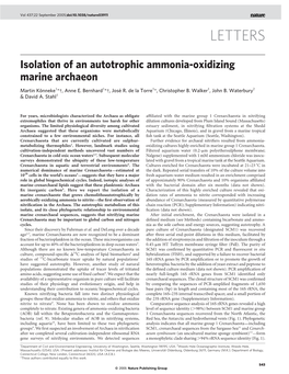Isolation of an Autotrophic Ammonia-Oxidizing Marine Archaeon