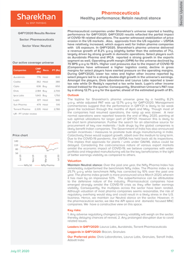 Pharmaceuticals Healthy Performance; Retain Neutral Stance Sector Update