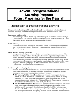 Advent Intergenerational Learning Program Focus: Preparing for the Messiah