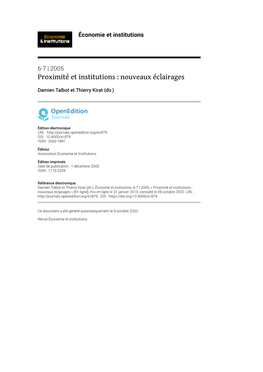 Économie Et Institutions, 6-7 | 2005, « Proximité Et Institutions : Nouveaux Éclairages » [En Ligne], Mis En Ligne Le 31 Janvier 2013, Consulté Le 09 Octobre 2020