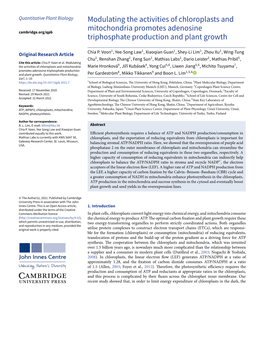 Modulating the Activities of Chloroplasts and Mitochondria Promotes Adenosine Cambridge.Org/Qpb Triphosphate Production and Plant Growth