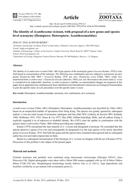 The Identity of Acanthosoma Vicinum, with Proposal of a New Genus and Species Level Synonymy (Hemiptera: Heteroptera: Acanthosomatidae)