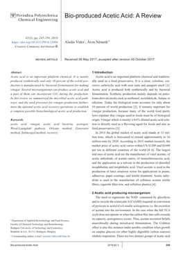 Bio-Produced Acetic Acid: a Review Chemical Engineering