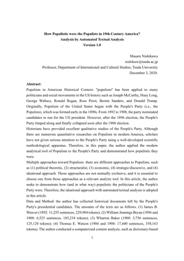 How Populistic Were the Populists in 19Th Century America? Analysis by Automated Textual Analysis Version 1.0