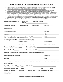 Bus Transportation Transfer Request Form