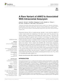 A Rare Variant of ANK3 Is Associated with Intracranial Aneurysm