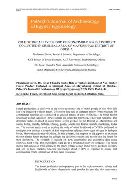 Role of Tribal Livelihood of Non-Timber Forest Product Collected in Similipal Area of Mayurbhanj District of Pjaee, 17 (7) (2020) Odisha