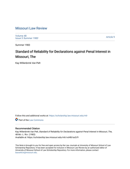 Standard of Reliability for Declarations Against Penal Interest in Missouri, The