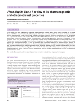 Ficus Hispida Linn.: a Review of Its Pharmacognostic and Ethnomedicinal Properties