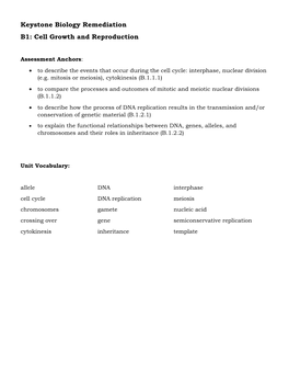 Keystone Biology Remediation B1: Cell Growth and Reproduction