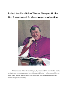 Retired Auxiliary Bishop Thomas Flanagan, 89, Dies Oct. 9; Remembered for Character, Personal Qualities