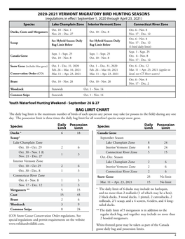 2020-2021 Vermont Migratory Bird Hunting Seasons Bag