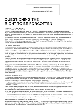 QUESTIONING the RIGHT to BE FORGOTTEN MICHAEL DOUGLAS Think Back to the Most Horrible Moment of Your Life