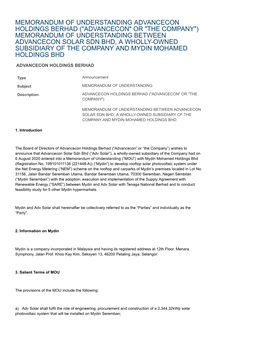Memorandum of Understanding Advancecon Holdings Berhad