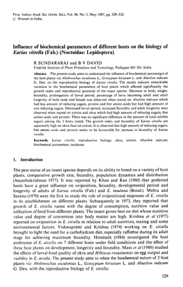 Influence of Biochemical Parameters of Different Hosts on the Biology of &lt;Emphasis Type="Italic"&gt;Earias Vittella