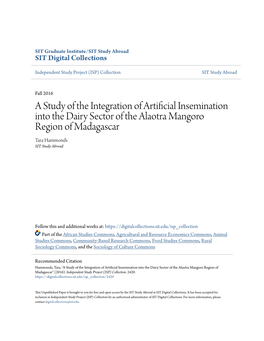 A Study of the Integration of Artificial Insemination Into the Dairy Sector of the Alaotra Mangoro Region of Madagascar Tara Hammonds SIT Study Abroad
