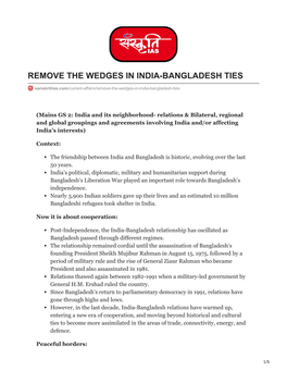 Remove the Wedges in India-Bangladesh Ties