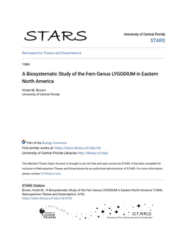 A Biosystematic Study of the Fern Genus LYGODIUM in Eastern North America